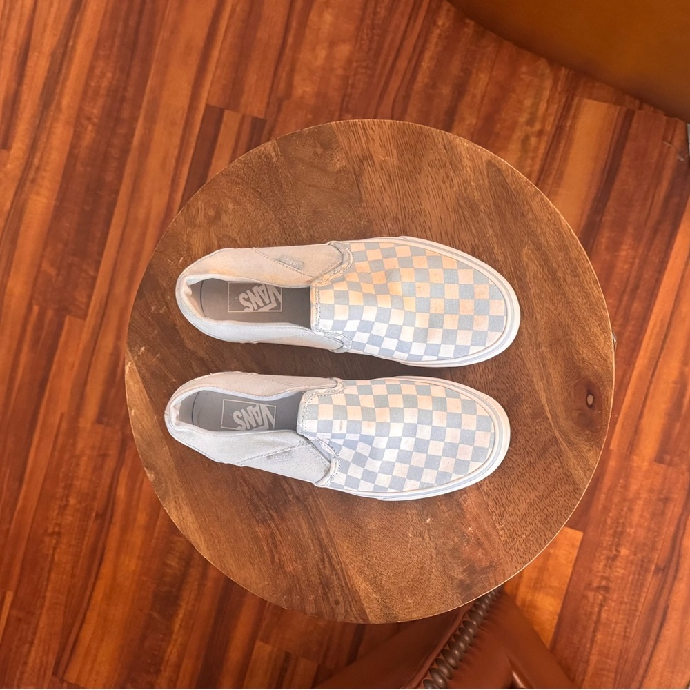 Vans Light Blue and White Checkered Slip-Ons